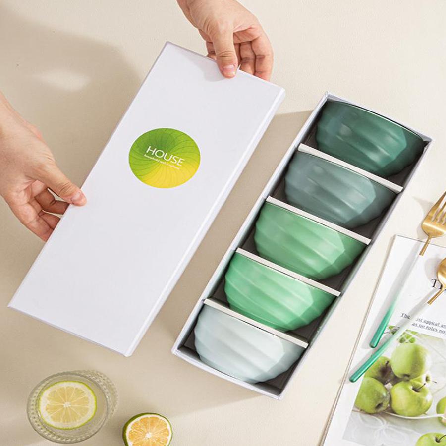 Set of 5 Gradient Macaron-Colored Wavy Ceramic Bowls - Household Soup Bowls and Rice Bowls, High-End Tableware Gift Box Set