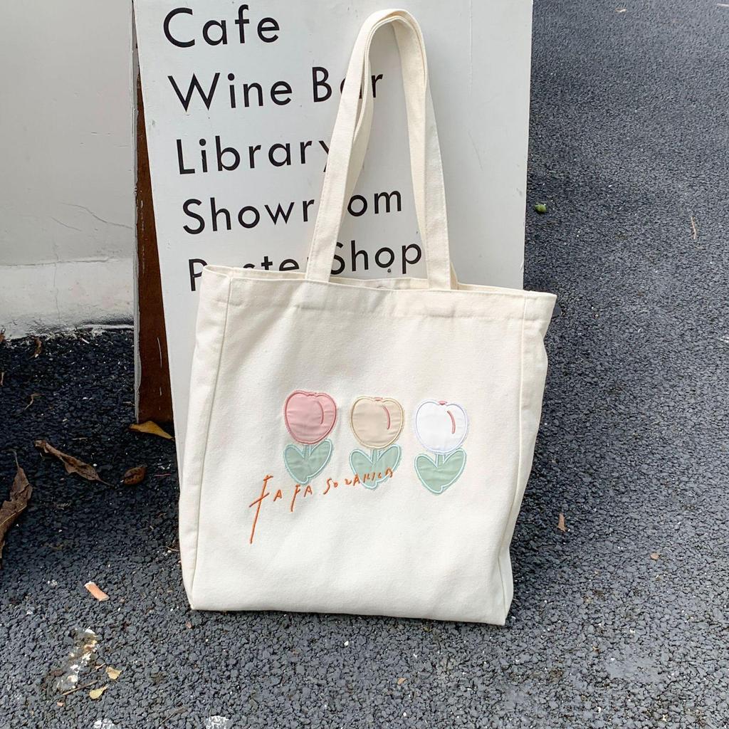 Women Embroidery Tulip Large Capacity Tote Canvas Bag Student Shopping Shoulder Bag