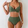 2Pcs/Set Women Bikini Set Knotted Design Chest Pad No Steel Support Bra High Waist Swimming Briefs Set Beach Pool Vacation Sexy Swimsuit
