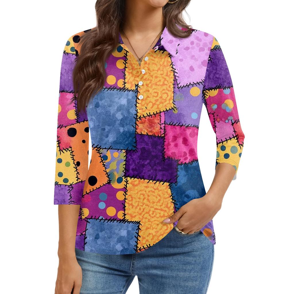 Damenmode Lässig Revers Kurz 3/4 Ärmel Print Hemd Damen Knopfleiste Oberteile