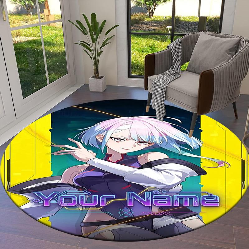 Cybernetic Future Heroine Custom Name Round Area Rug Carpet Rug For Living Room Bedroom Sofa Playroom Decor Nonslip Floor Mat