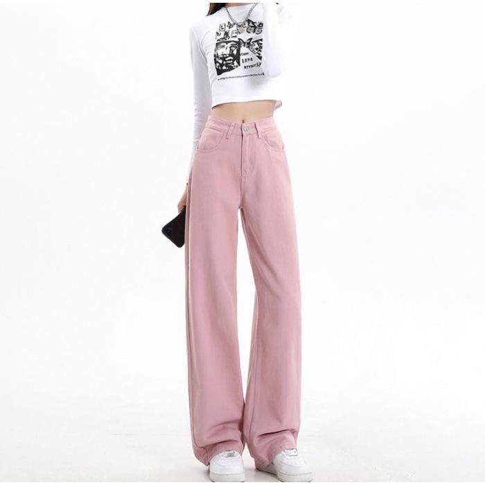 Dámské zeštíhlující bílé džíny s vysokým pasem - Kolekce jaro/léto 2025, Drobné kalhoty s širokými nohavicemi splývavé délky až na zem