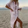 Summer Womens Fashionable Solid Color Cotton Linen Shirt Dress Elegant Casual Party Dress New Lapel Button Slit Midi Shirt Dress