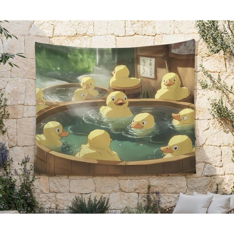 Ducks soaking in hot springs tapestry 75x100
