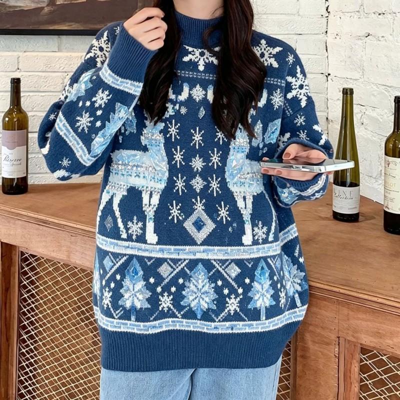 Womens Loose Knit Sweater With Christmas Deer Embroidery Long Sleeve Pullover Winter Holiday Season