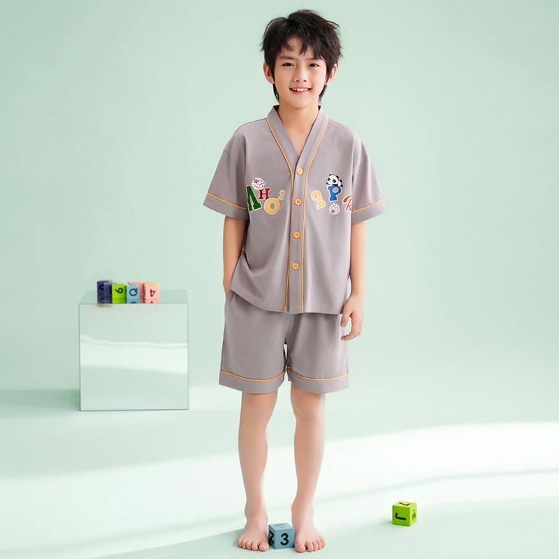Fenteng [Antibacterial A-class Cotton] Summer New V-neck Cardigan Cartoon Outerwear Short Sleeve Home Clothes Set Children's Pajamas