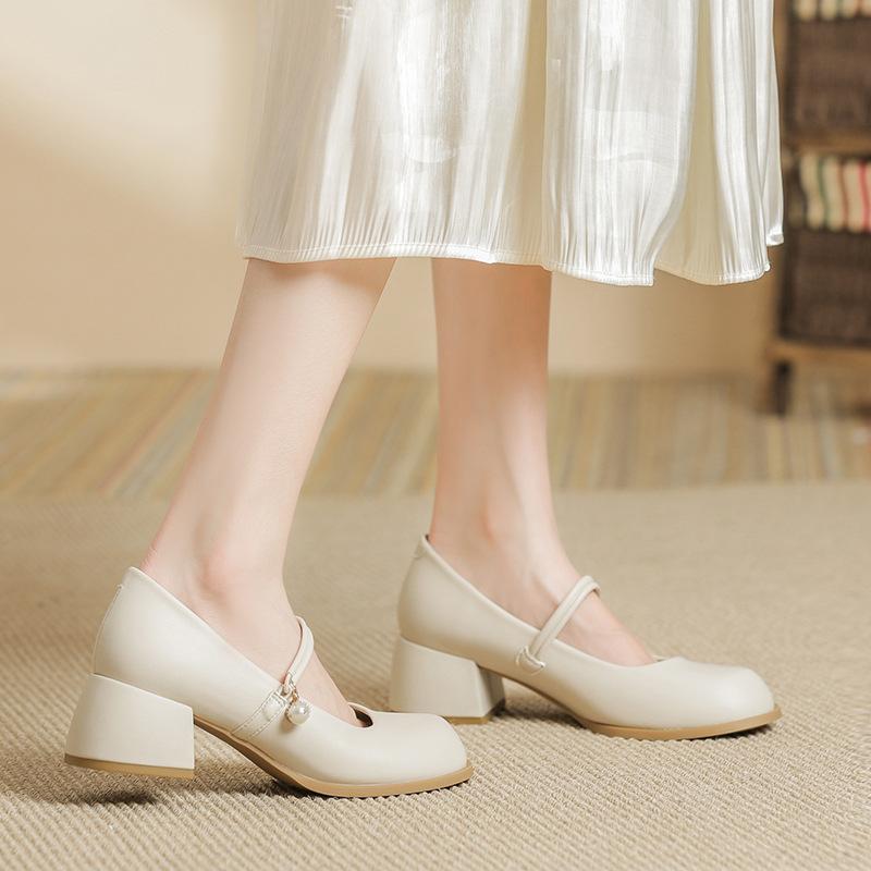 Mary Jane Coarse Heel Small Leather Shoes Women Light Heel Professional Single Shoes Women