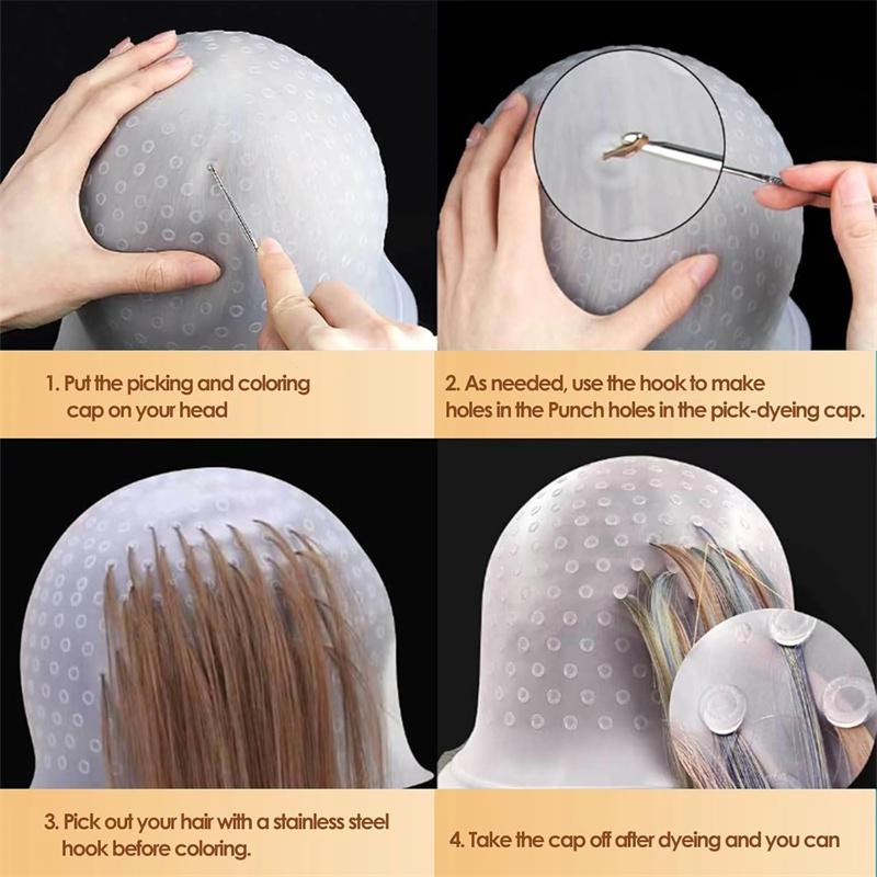 BEPAN Silicone Hair Coloring Highlighting Cap with Hooks 2 Set Reusable Silicone Highlight Cap Pull Through Hair Coloring Frosting Cap