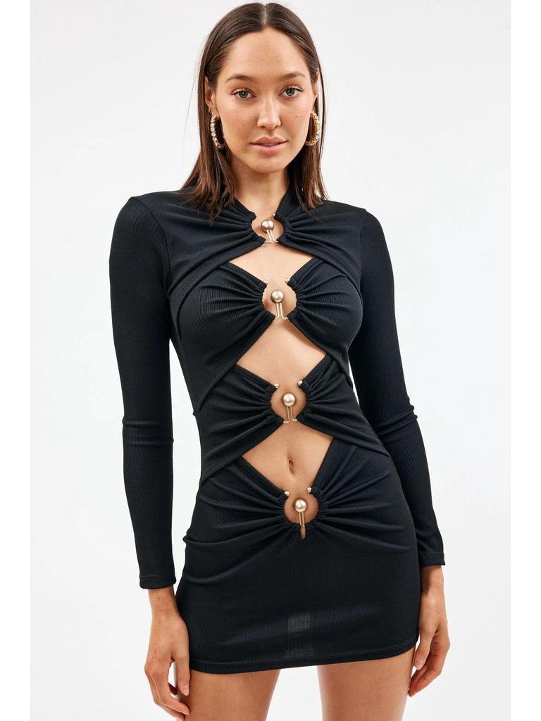 2023 Evropský a Americký Styl Dutý Design Crop Top Obvazové Šaty - Dlouhý Rukáv Bodycon Večerní Šaty pro Ženy