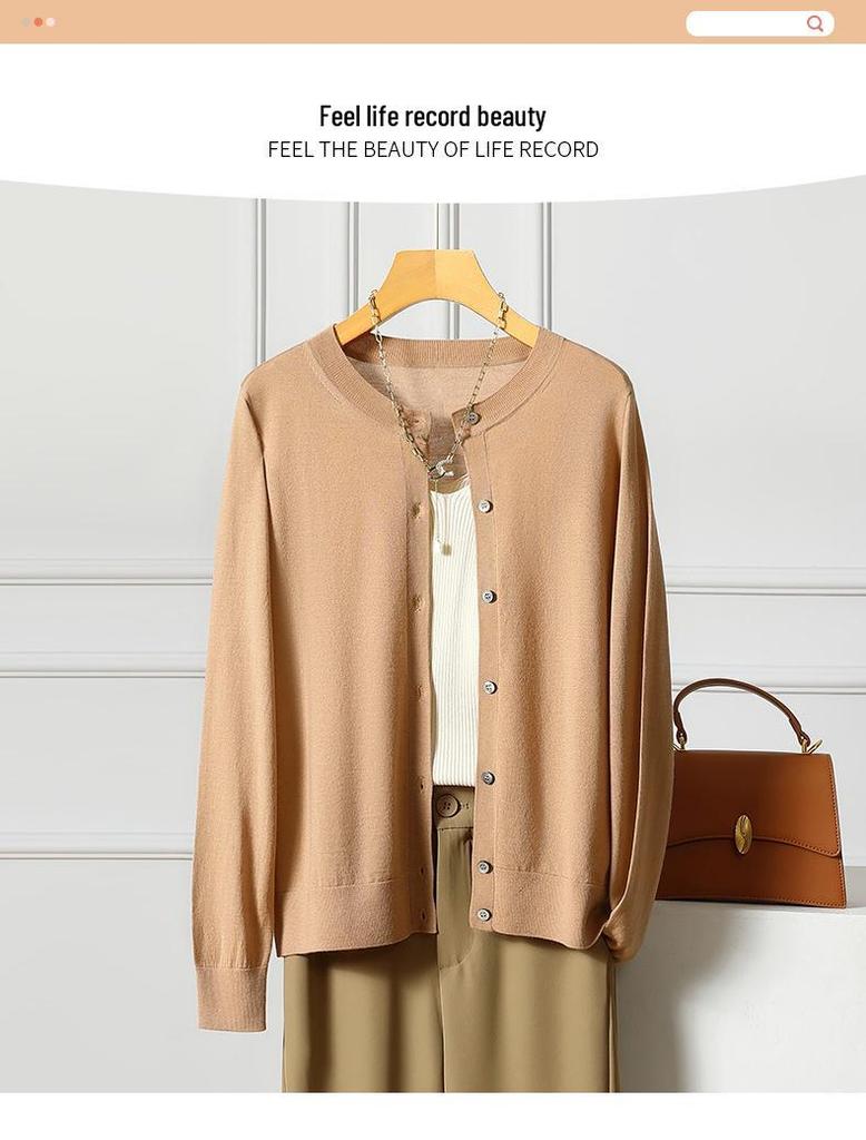 Yangzi Women's Slimming Wool Cardigan - Spring/Summer Round Neck, Loose Fit, Gentle Style, Age-Defying Design