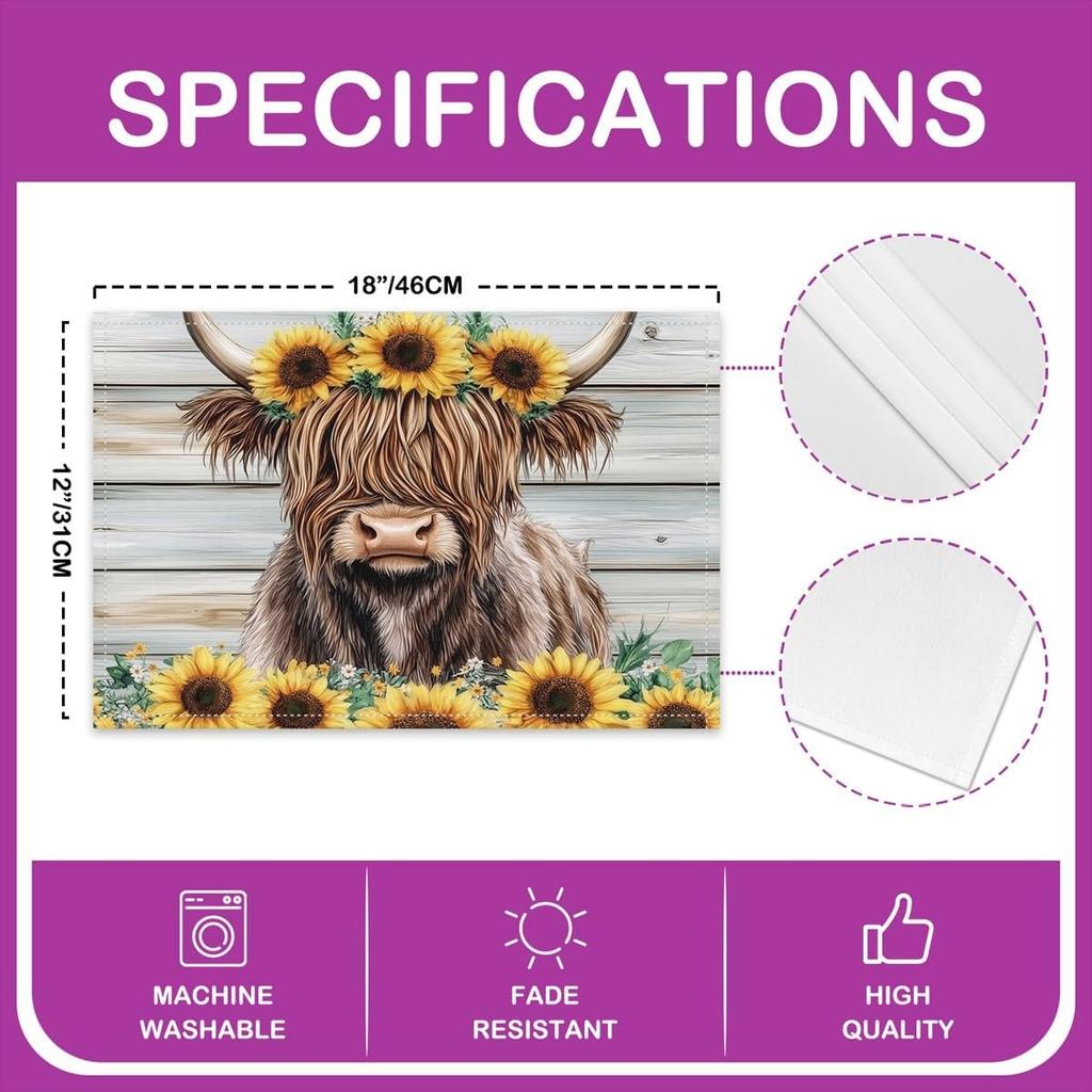 Hochlandrinder Tischsets Set of 4 18"x12" Kinder Hochlandrinder Sonnenblume Tischsets für Jungen Mädchen Teenager Tierkorn Tischset