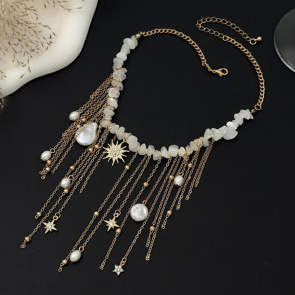 Vacation Style Natural Shell Piece Bead Necklace Bohemian Crushed Stone Imitation Pearl Tassel Necklace