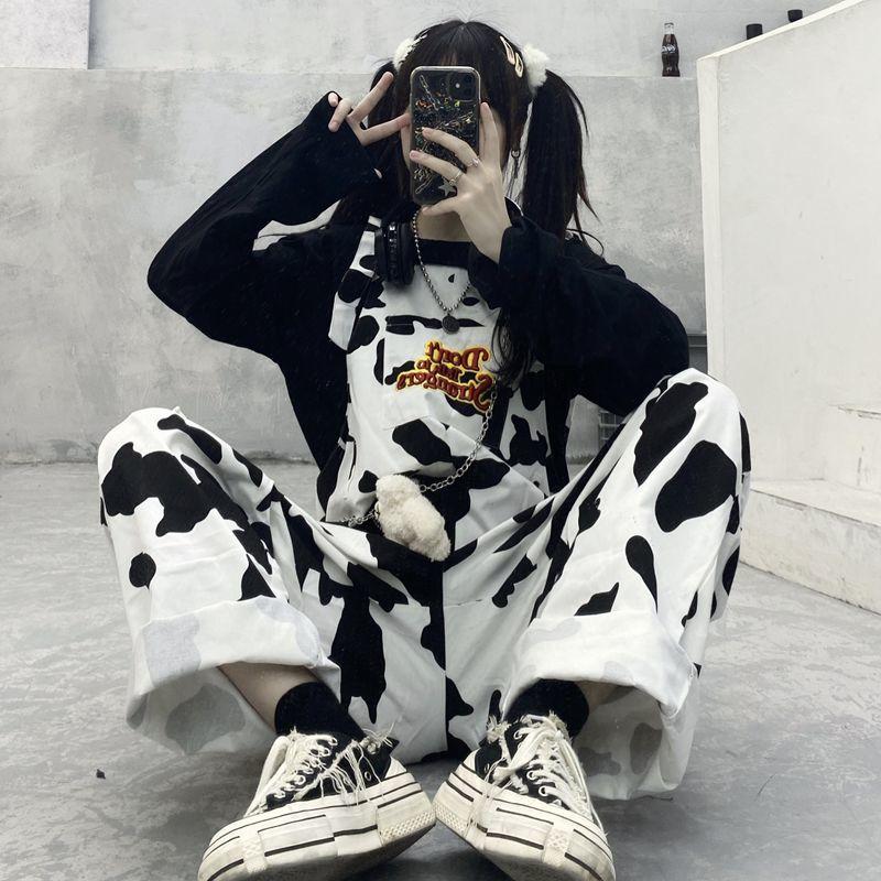 Hippie Cow Print Jumpsuits Harajuku Patterned Korean Style Overalls