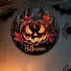 Rustic Fall Wall Plaque Halloween Wooden Door Hanger Sign, Flame Pumpkin Maple Leaf Printed Round Hanging Plaque, Vintage Style Holiday Sign
