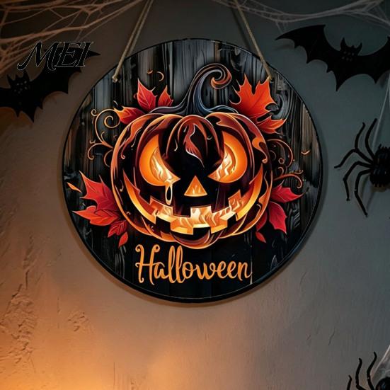 Rustic Fall Wall Plaque Halloween Wooden Door Hanger Sign, Flame Pumpkin Maple Leaf Printed Round Hanging Plaque, Vintage Style Holiday Sign