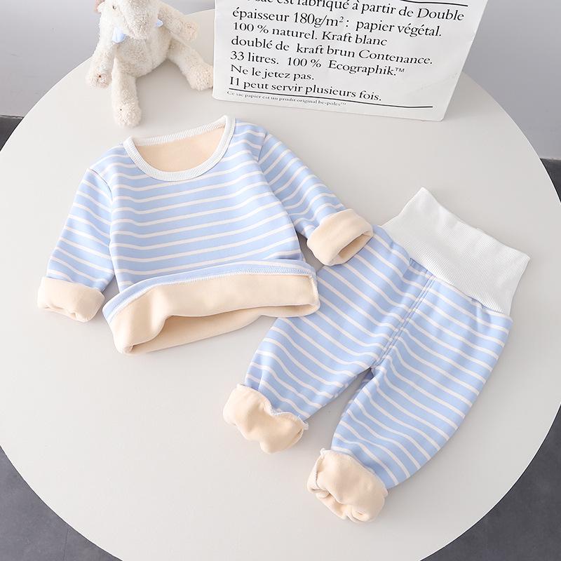 Children's Warm Striped High-Waist Underwear Set for Spring and Autumn - Plus Velvet for Babies, Toddlers, and Kids