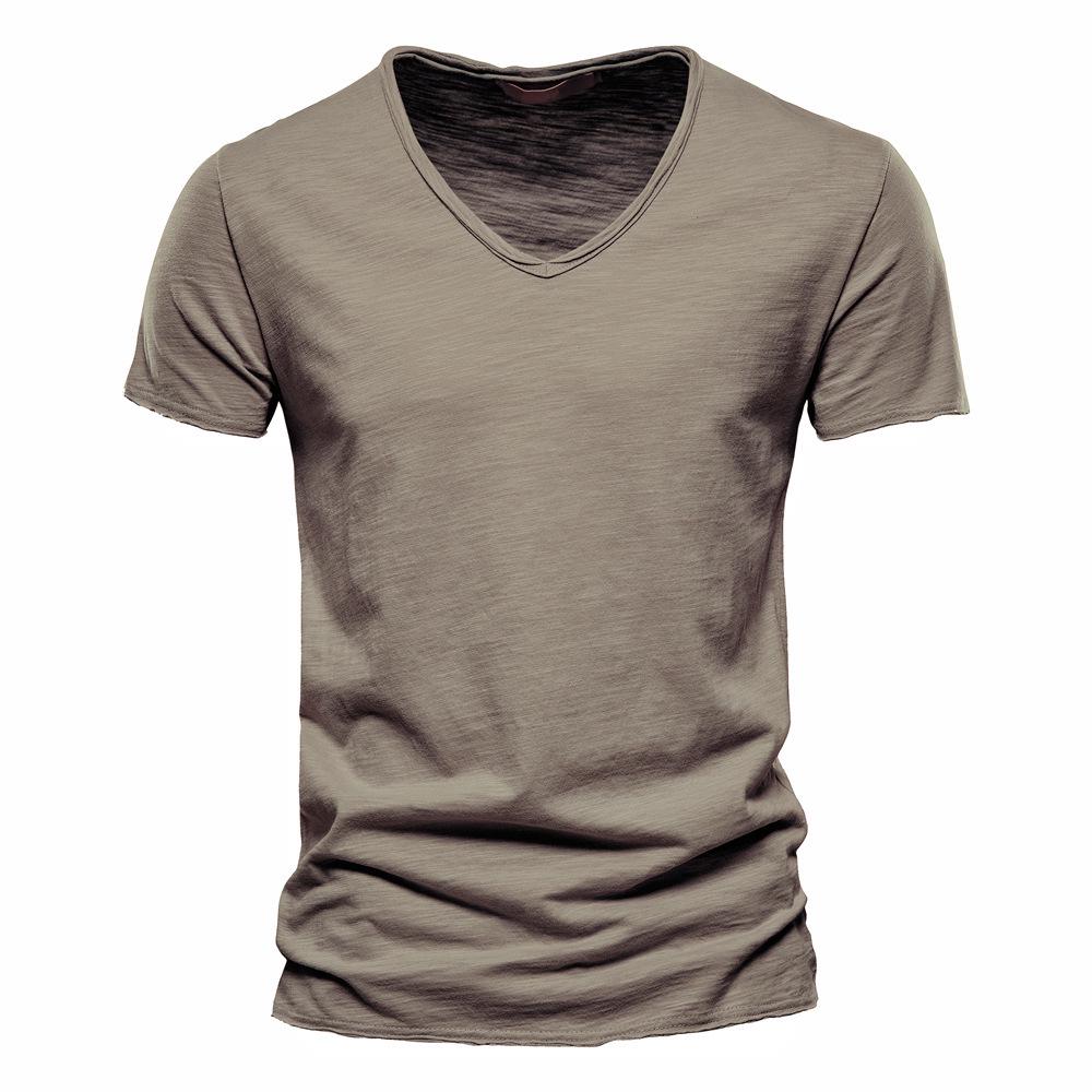 Herren Sommer V-Ausschnitt T-Shirt - Reine Baumwolle Slub, Unifarbe, Kurzarm