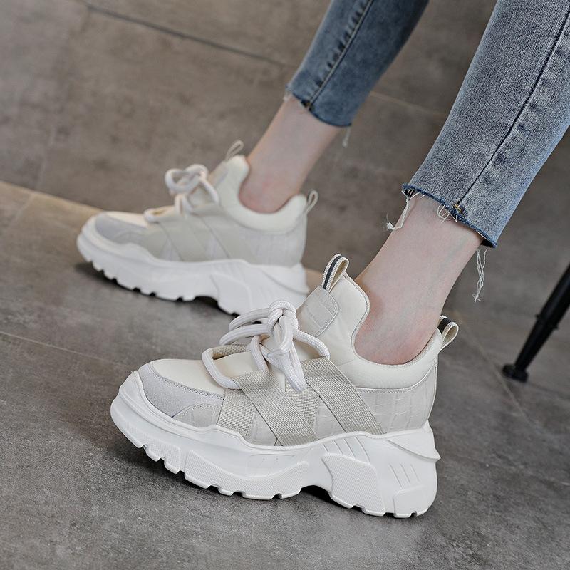 Fashion 8CM New Genuine Leather Summer Hollow Air Mesh Platform Wedge Chunky Sneakers New 2025 Autumn Spring Fashion Casual Shoes