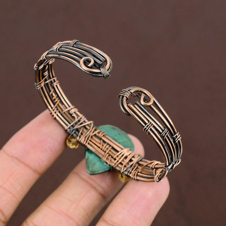 Natural Malachite Gemstone Handmade Copper Wire Wrap Cuff Bangle Adjustable E2z20