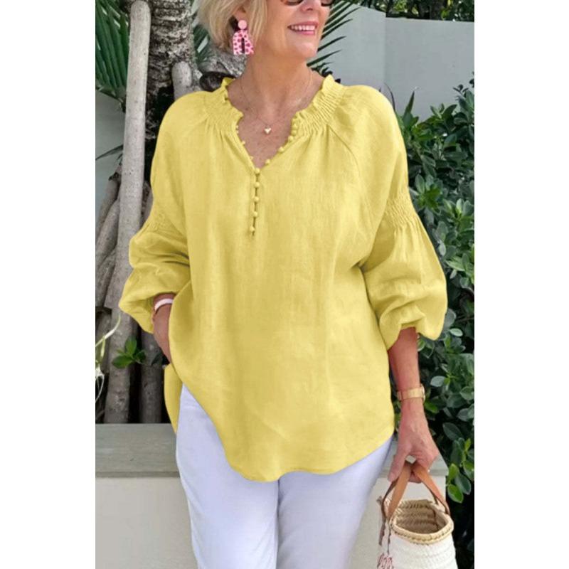 Womens Linen V Neck Pom Pom Detail Lantern Sleeve Blouse Casual Loose Top