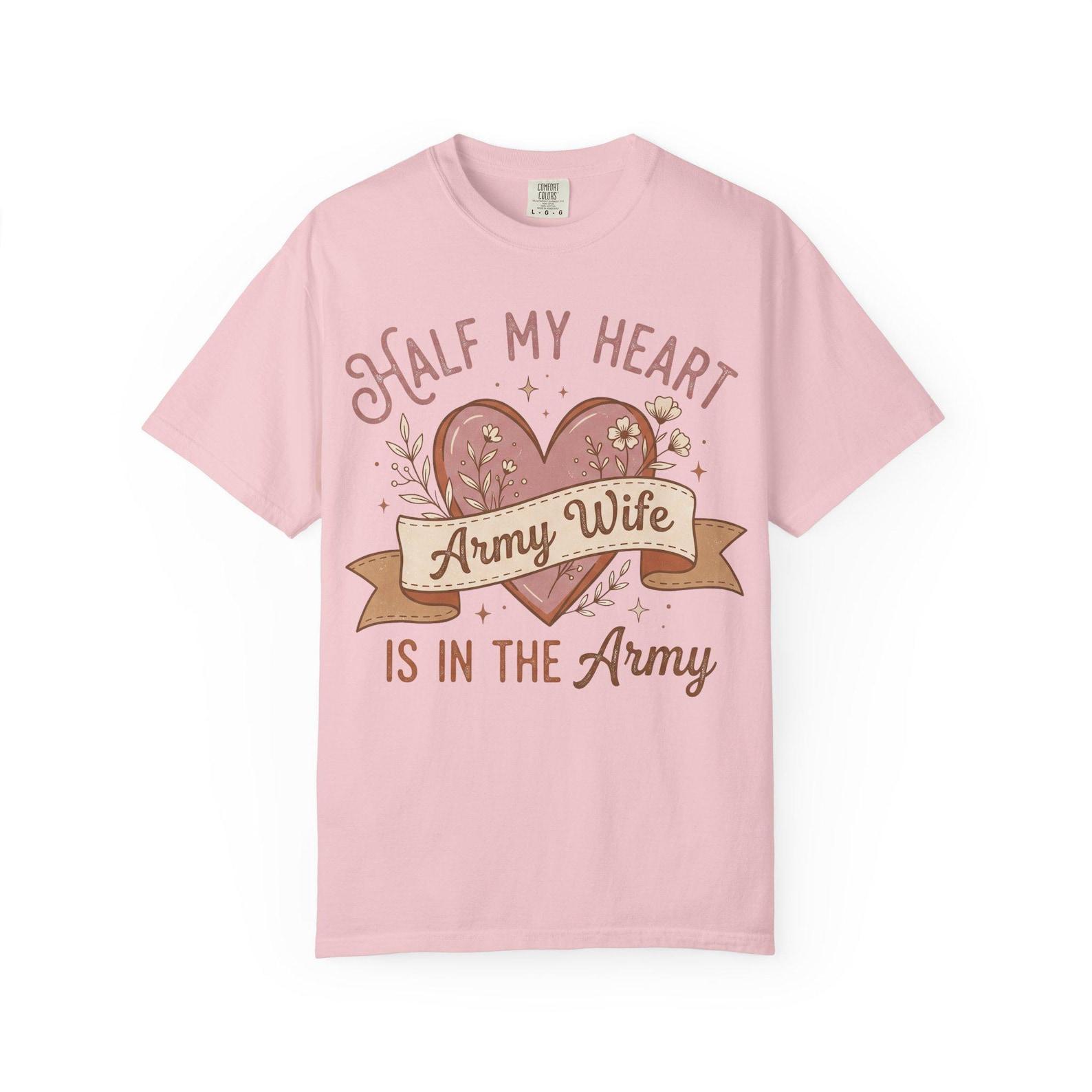 Half My Heart Army Wife T-Shirt | Is In the Army | Military Spouse Deployment Gift Tee L