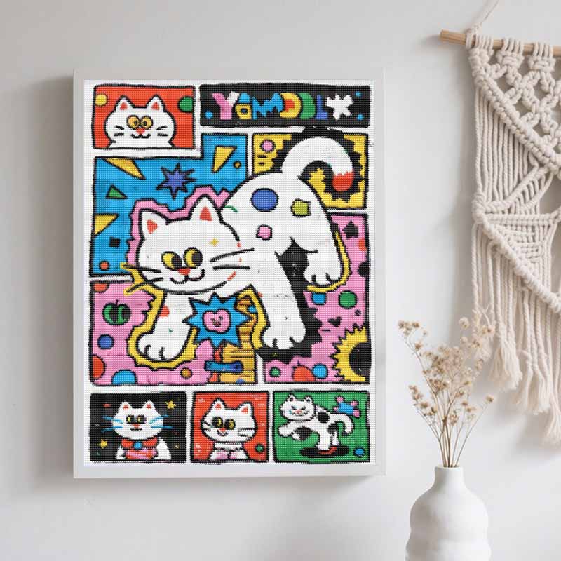 DIY 5D Diamond Art Kit Pop Art Comic Style Cat Pattern Rhinestone Canvas Painting for Modern Bedroom Living Room Wall Decor Full Drill Set