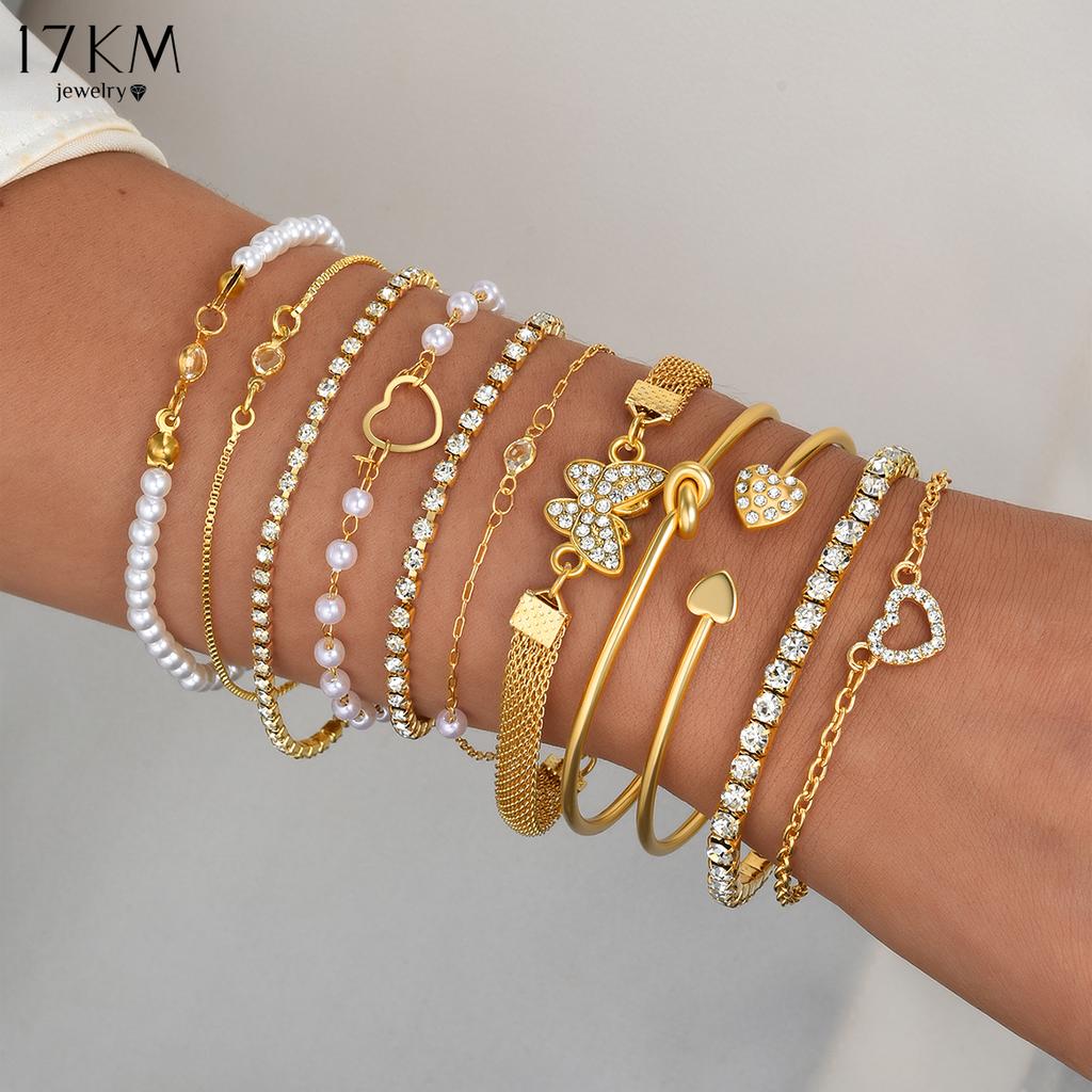 17KM 11 Piece Inlaid Heart Butterfly Bracelet Fashion Jewelry Set Women Trendy Shiny Daily Party Accessory Decorative Gift