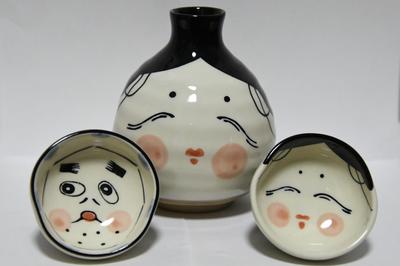 Okame Sake Bottle and Sake Cup Set (3 Pieces): Okame Sake Cup, Hyottoko Sake Cup. A Cute and Lovely Gift for Japanese Sake. Why Not Give It As a Prese
