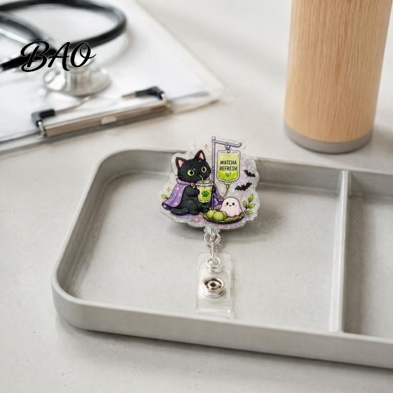 Office Id Card Clip Halloween Retractable Badge Reel, Ghost Black Cat And Pumpkin Design, Decorative Reel 360 Degree Rotating Acrylic ID Holder