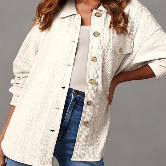 Camicia da donna con risvolto, manica lunga, tasca con patta, monopetto, tinta unita, trama intrecciata, vestibilità oversize, giacca