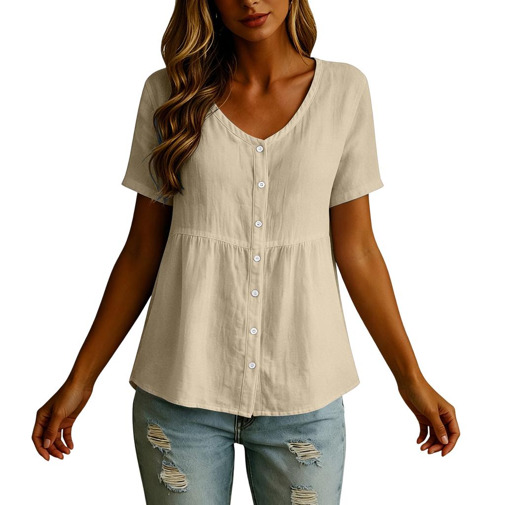 Women's Fashion V-Neck Button-Down Short-Sleeve -Color Casual Top