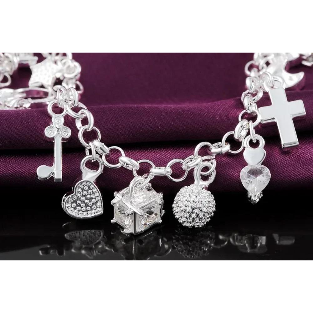 Fashion 925 Silver Bracelet for Woman Pretty Heart Zircon Pendant Chain Wedding Party Gifts Classic Jewelry 20CM 8inch