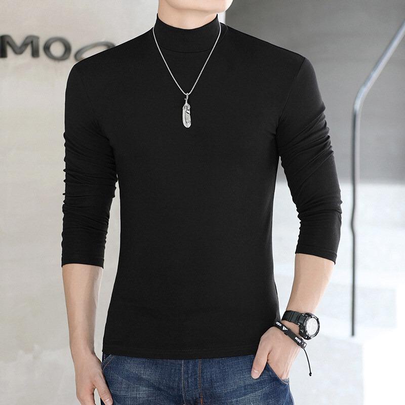 T-shirt en coton à manches longues et col semi-haut style coréen pour homme
