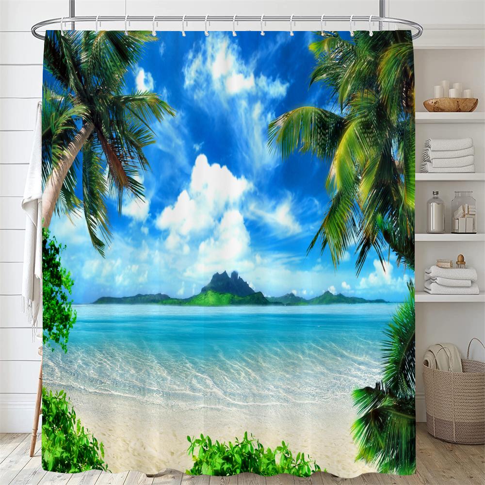 3d Beach Scenery Shower Curtains Sea Ocean Mediterranean Bathroom Curtain Waterproof Cloth Decoration 180*240cm Bath Curtain