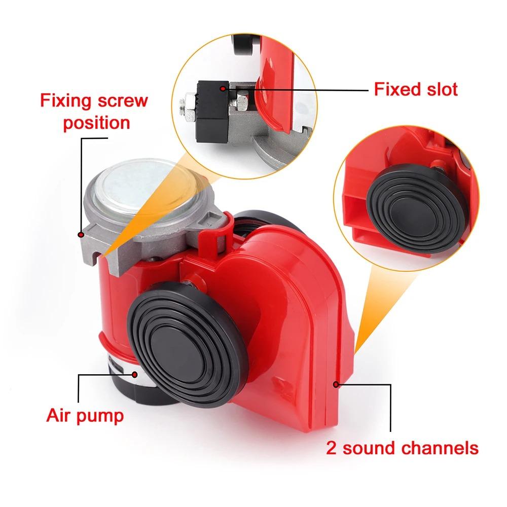 12V 115dB Car Air Horn Red Compact Dual Tone Electric Pump Loud Siren Vehicle for Car Motorcycle Truck Bicycle
