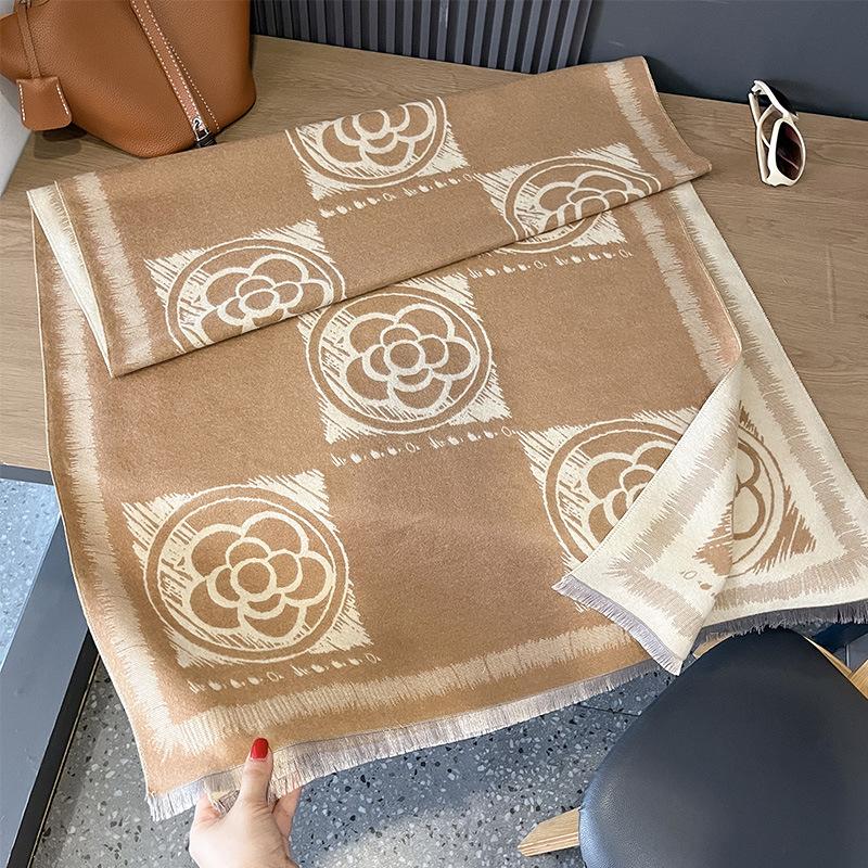 Scarf Women's Cashmere Camellia Simple Double-sided Versatile Dual-purpose Shawl Air Conditioner Warm Wool Scarf