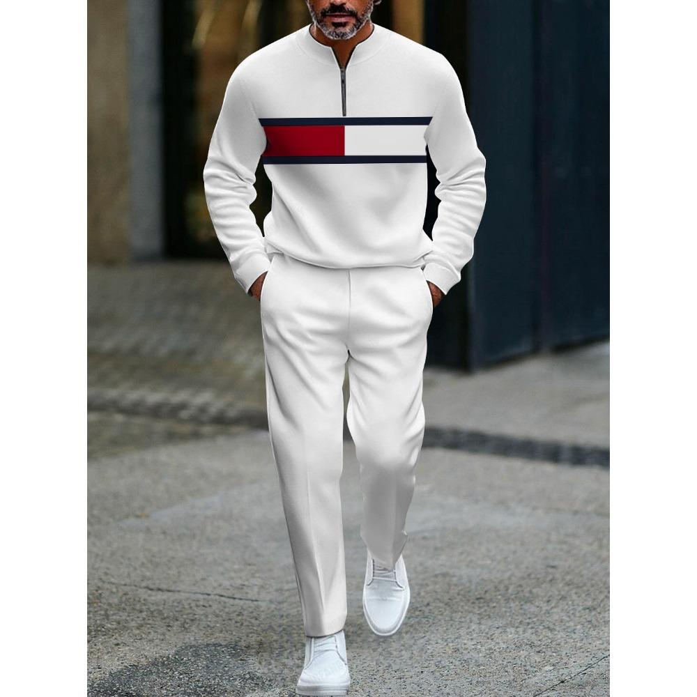 Spring Autumn 3D Printed Fashion Streetwear Men's Long-Sleeved Sets Half-Zipper Stand-Up Collar Men's Casual Sportswear Two-Piece set