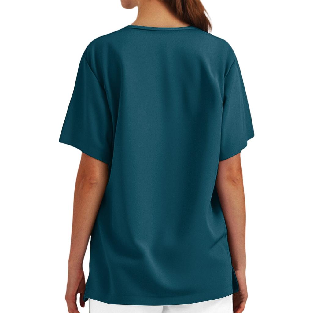 Women's Uniform Color V-Neck Pocket Side Slit Uniform Short Sleeved Top Top