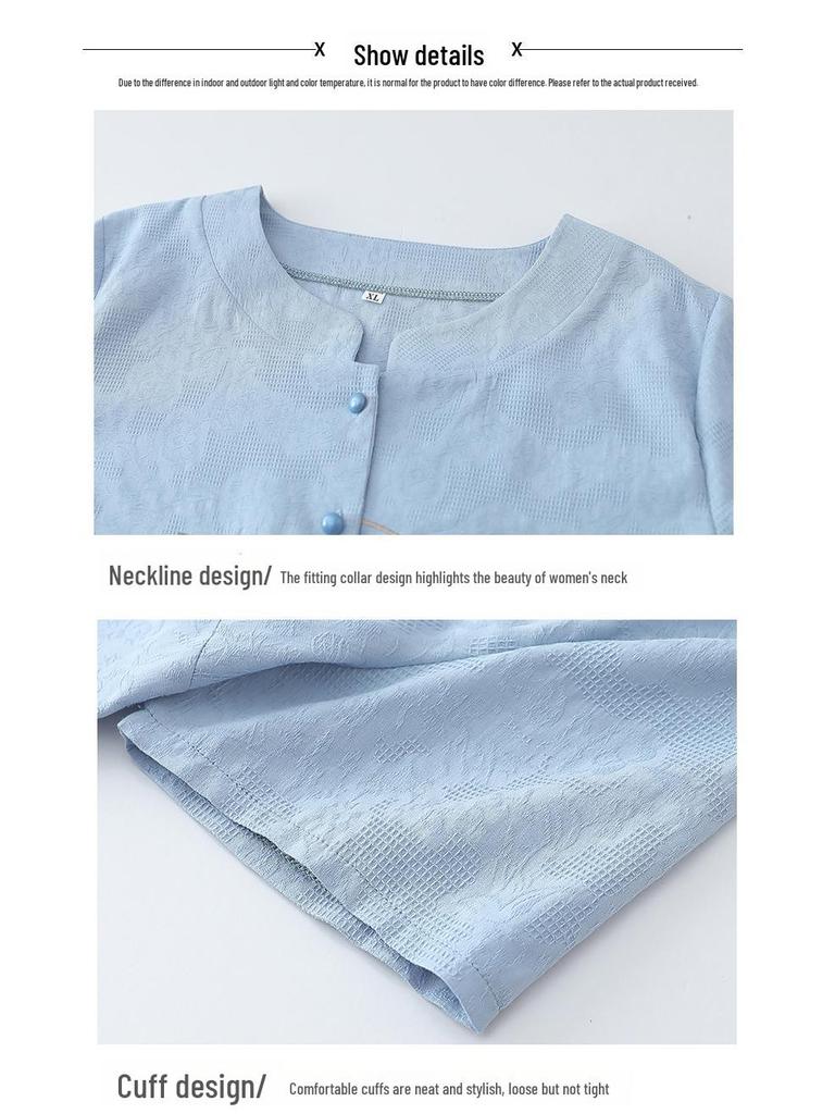 Women's Summer Short-Sleeve Embroidered Suit, Loose & Comfortable, Round Neck, Two-Piece for Middle-Aged & Elderly Moms & Grandmas.