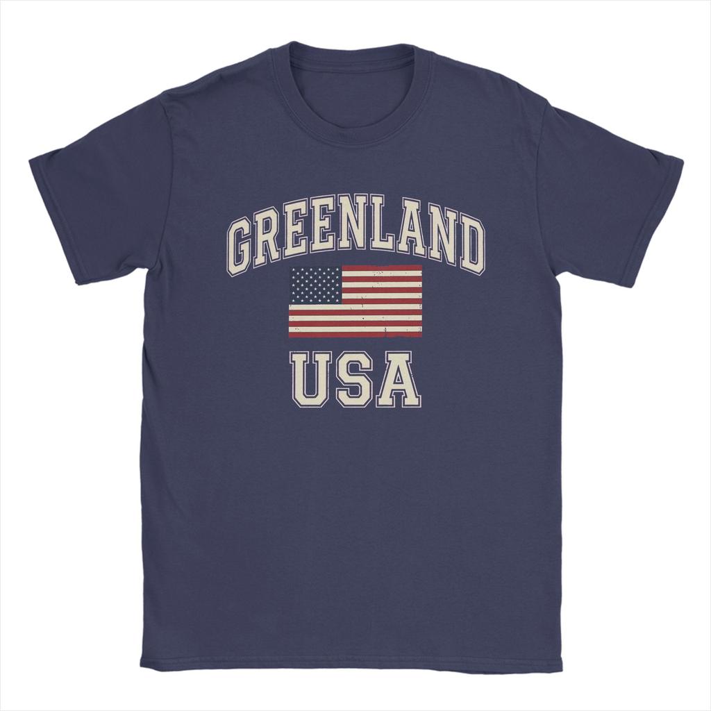 Greenland Vintage USA Flag TShirts Men  Vintage 100 Cotton Tees Round Collar Short Sleeve T Shirt Classic Tops