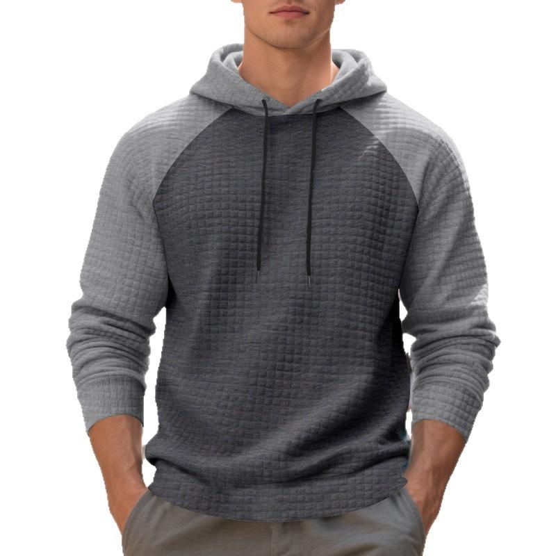 Autumn and Winter Hooded Men's Sweatshirt Jacquard Small Checkered Color Block Casual Raglan Sleeves Loose Top Men