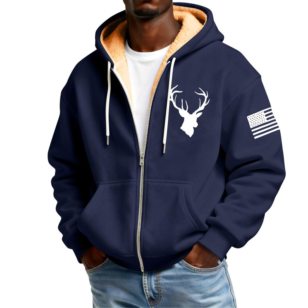 Men's Print Fleece-Lined Zip-Up Pocket Hooded Sweatshirt Cardigan Men's Casual Sweatshirt Cardigan