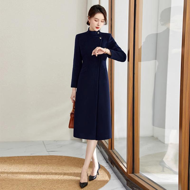 Women's Professional Wool Winter Work Coat - Mid-Length Air Hostess Overcoat