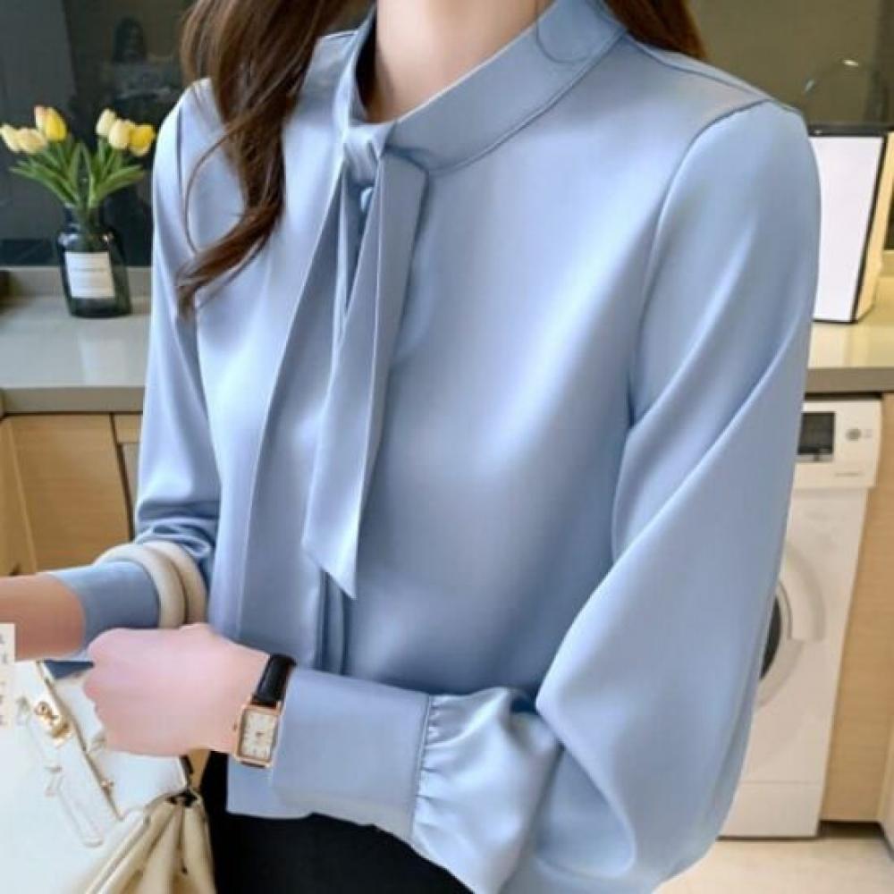 Navava Romantic Office Solid Ribbon Neck Long Sleeve Blouse Nb2553