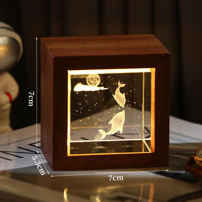 3D Galaxy Crystal Cube Night Light with Wooden Base - Illuminated Desktop Ornament, Perfect Birthday Gift