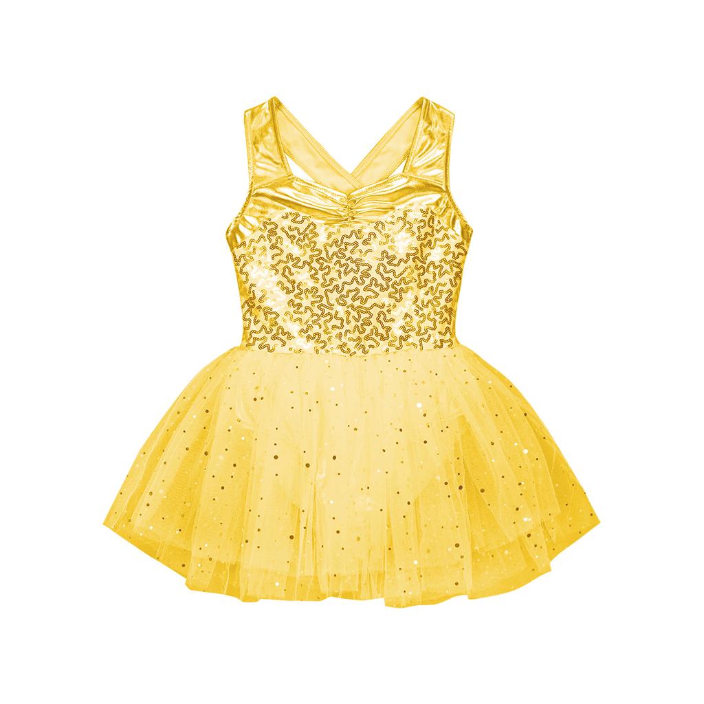 Girls Sleeveless Dance Dress with Shiny Sequins Crisscross Back and Tutu Mesh Skirt