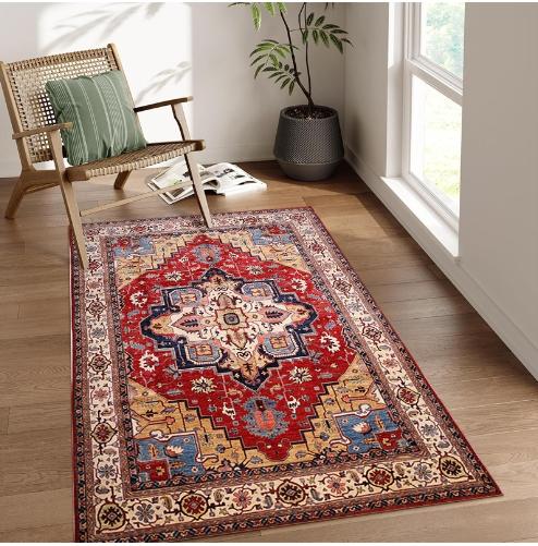 

3x5 Washable Entryway Rug. Vintage, soft indoor floor cover with retro distressed design. Lightweight, non -slip and thin carpet
