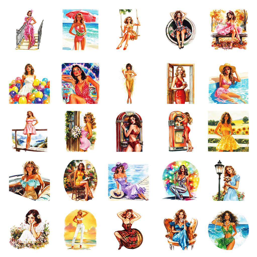 50 Summer Vintage Fashion Swimwear Girls Realistic Graffiti Stickers Diy Decorative Luggage Water Cup Stickers