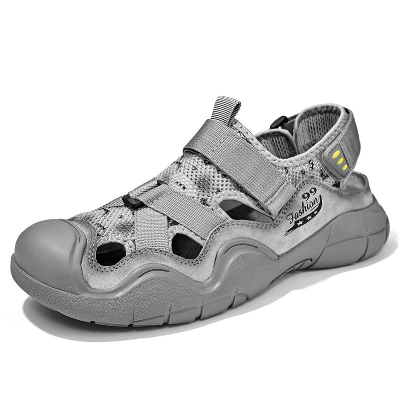 

Beach shoes men s summer new breathable hollow sandals men s leather pure handmade mesh outdoor bag head casual men s shoes 44 серый