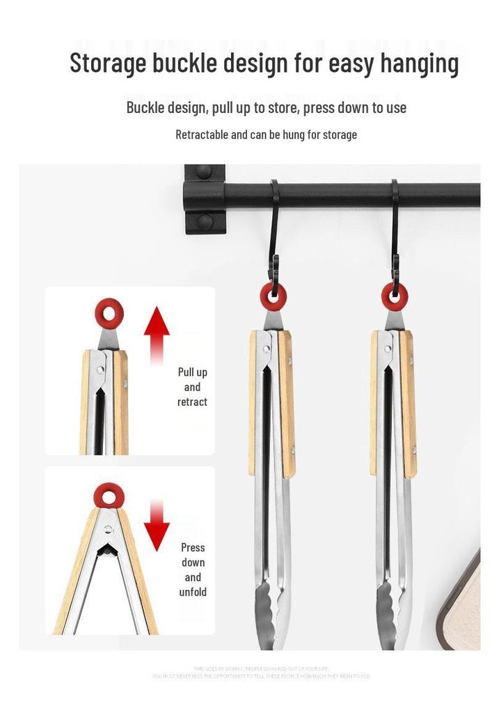 Stainless Steel Wooden Handle Silicone Barbecue Tongs - Heat Resistant Bread & Food Tongs